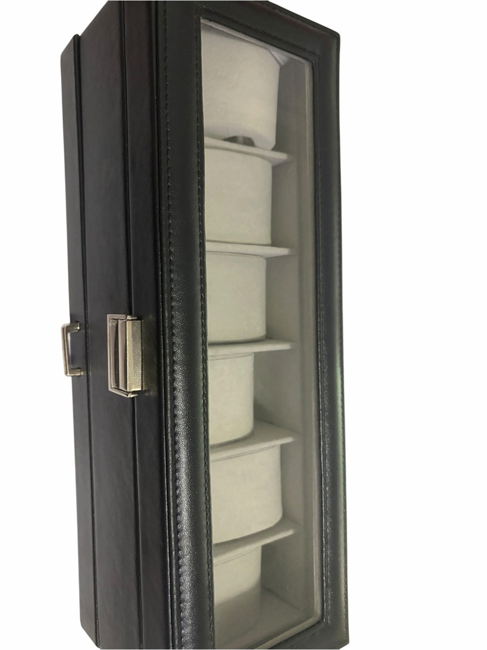 Black Watch & Jewelry Storage Box Glass Top 6 Watch Slots Organizer